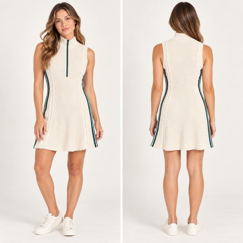 Daily Practice Side Lines Half-Zip Mini Dress L Ivory Cable Knit Green Trim